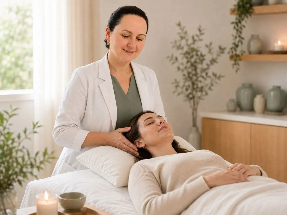 Sueli Pereira realizando terapia integrativa em paciente na Harmonia Clínica Integrativa